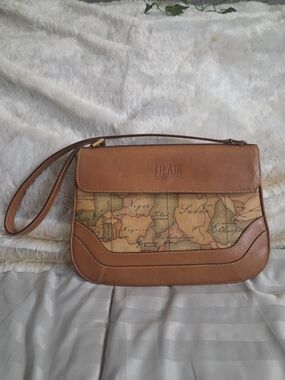 Alviero Martini 1A Classe Brown/Tan Leather Map-Print Shoulder Bag